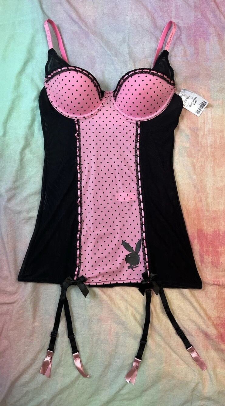 Vintage Y2K Playboy Pink Black Polka-Dot Lingerie Corset Top Bunny Garter Sz L